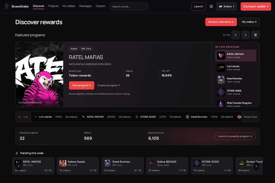 GraveStake discovery with featured staking programs and collection artwork